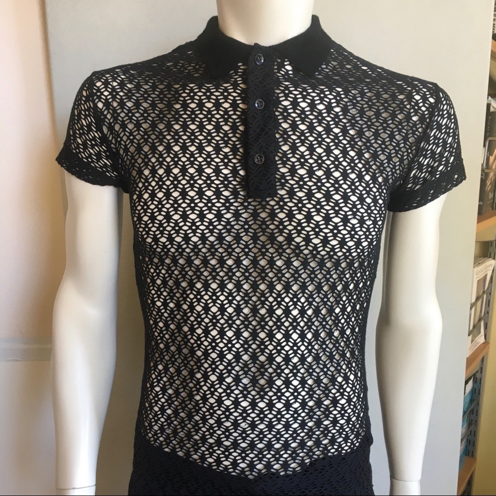 Black modern pattern stretch mesh button up polo
